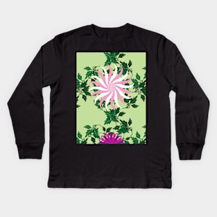 White and Pink, Cerise and Purple Flowers on a Vine Leaves and Peppermint Green background Kids Long Sleeve T-Shirt